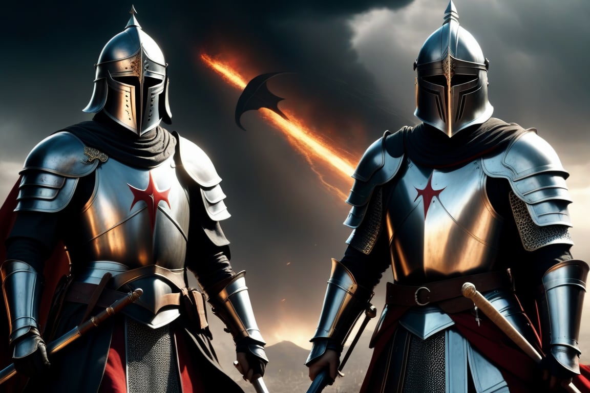 (Two full-length Templar knight: 1.4), with gloves on hands: 1.4), (Realistic human equal: 1.4), low angle bathed in dramatic stormy light, enchanted armor gleaming, reigning victorious amidst the chaos of the battlefield, magic weapons flashing, fallen adversaries scattered, dark sky with impending storm, intense and heroic atmosphere. "Epic", "orchestral", "cinematic", "heroic", and "thrilling" 3D animation, inspired by Two Steps from Hell. 