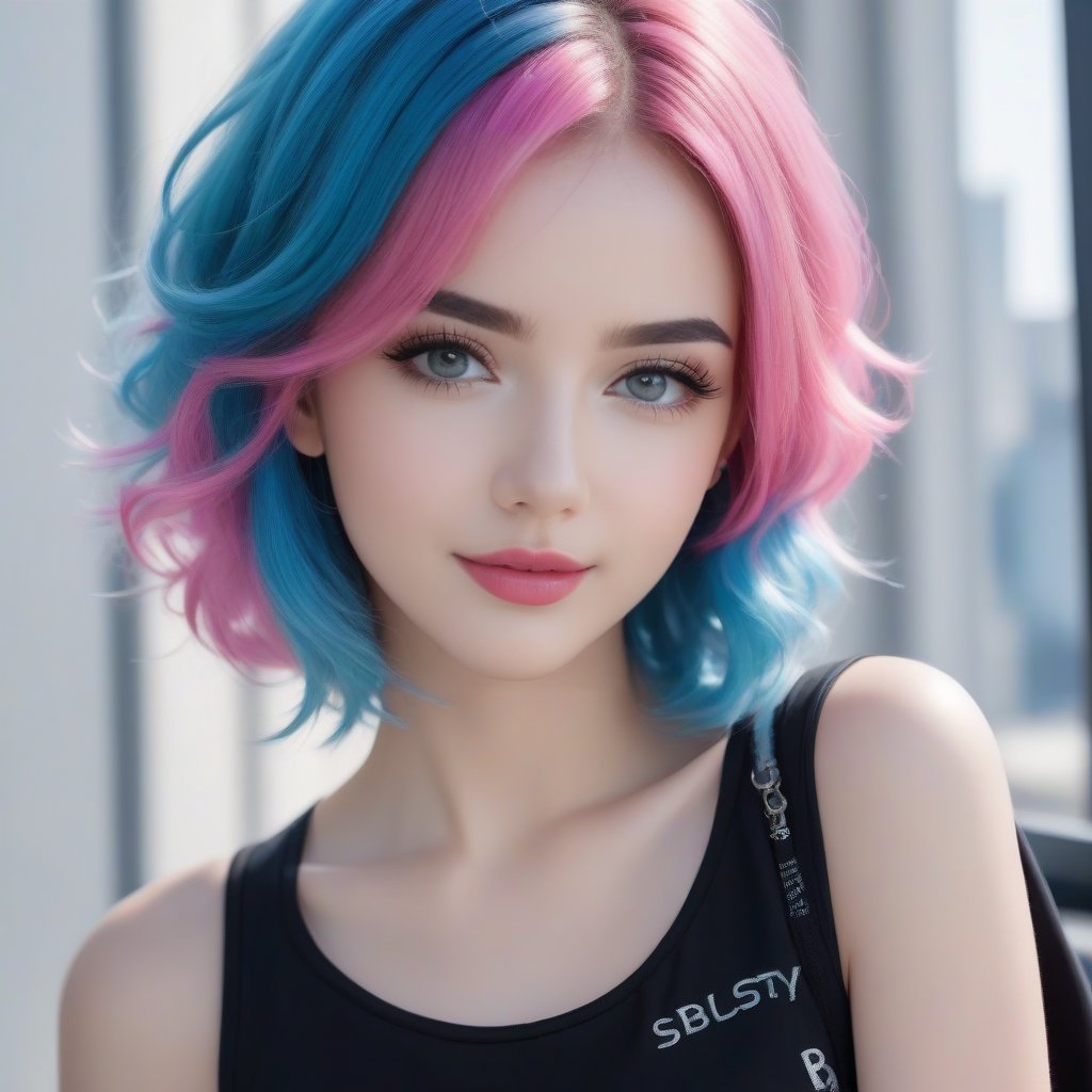 (Movie camera captures all her beauty), (Half-length image of a teenage girl: 1.4), (with bright pink and blue hair: 1.4), (pink, bright blue hair: 1.4), stunning Fantasy 3D rendering, smile, (blue eyes: 1.4), (pale white skin: 1.4), upper body, (1 teen girl: 1.4), (beautiful blue eyes: 1.4) , glamorous two tone hairstyle, forbidden beauty, hyperreal, cute flutter aesthetic, detailed human, curly hair, exceptionally beautiful, dating app icon, high quality and high detail, hyperrealistic, sharp focus, natural lighting with subsurface scattering. f/2 aperture, 35mm focal length, film grain. High quality image and great detail, 8k resolution.