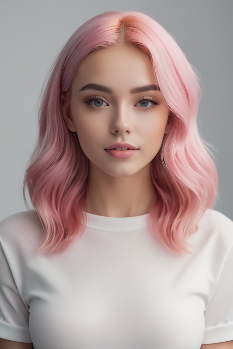 Create an instagram model, ultra realistic cute young woman, full body waving to her followers, symmetrical face, symmetrical body, symmetrical pose, pink hair, white background, Sony A7R IV, film photography, hyper realistic, sharp focus, natural lighting with subsurface dispersion. f/2 aperture, 35mm focal length, film grain. High quality image and great detail, 8k resolution.