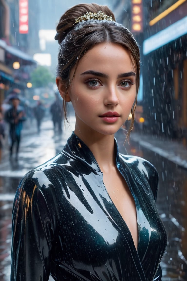 (((High resolution))), (((Excellent quality))), ((Detailed)), (Creates an image of Joi), (Ana de Armas), beautifully detailed faces, clean faces, hair in a bun, metallic glass, black satin dress, body up, stop, (in the center of the scene looking at the camera), (hologram glass scene with rain), (The image is captured using a Sony Alpha a9 II camera), DSLR, UDH, 8k, Cinema Premiere