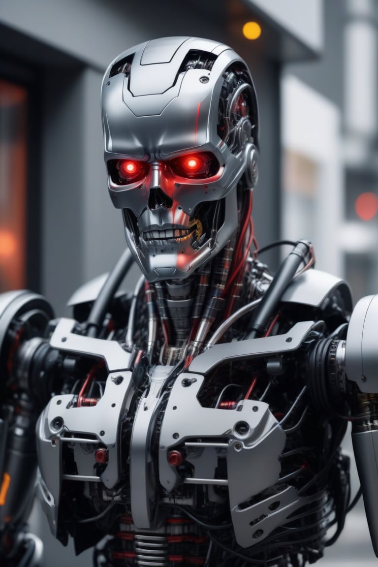 (Ultra realistic full body image: 1.4), A highly detailed and intricate full-body robotic cyborg figure, (Cyborg: 1.4), (The Terminator cyborg face of terror: 1.4), predominantly black in color, shows a complex design with numerous components, wires, and mechanical parts. The Cyborg appears to be made from a combination of metal and plastic, with red accents. The background is blurred, emphasizing the cyborg as the main subject., with a high level of quality and depth showing detailed texture and vibrant colors, artistic concept art with fine, chaotic brush, CGI, FVX, strokes, cyborg Canon EOS R3, Nikon, f/1.4, ISO 200, 1/160 sec, 8K, RAW, unedited, symmetrical balance, in frame, 8K",,  