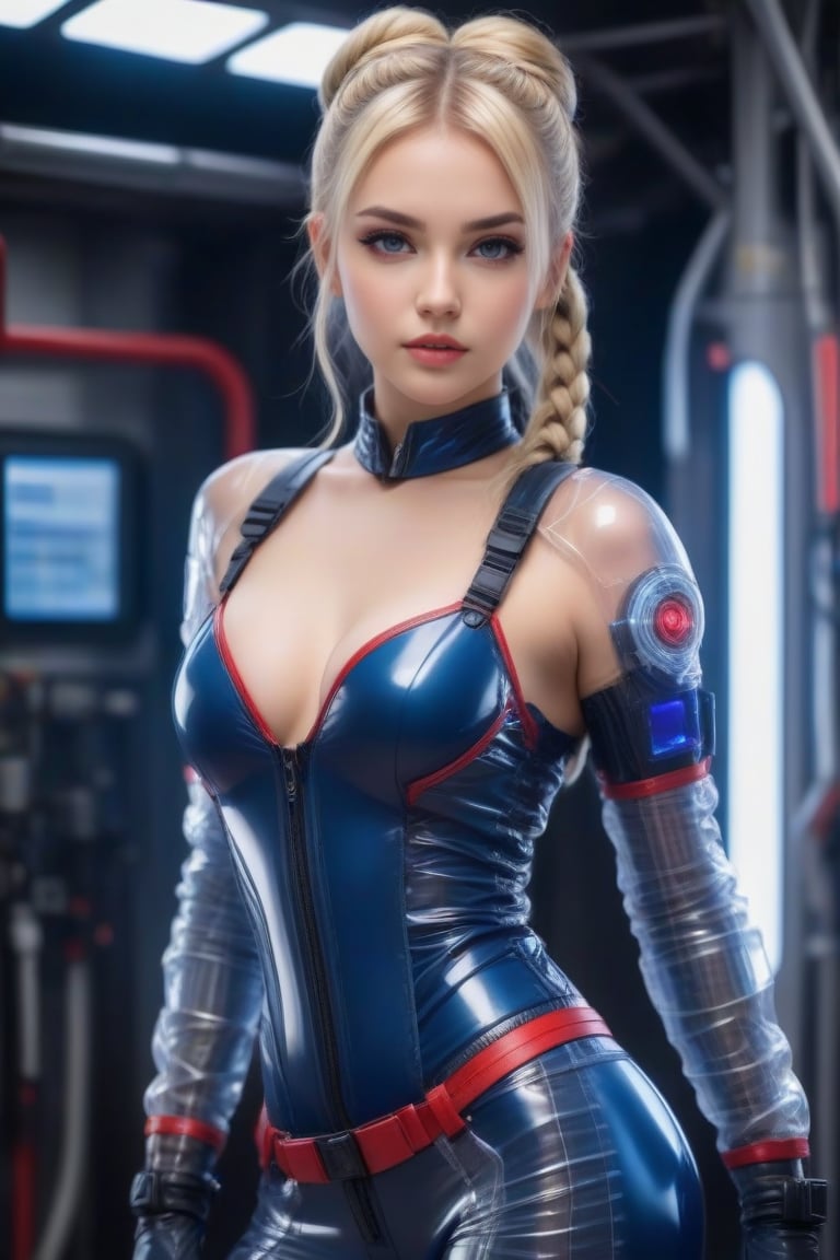 Blonde hair braided and tied back in a bun, forbidden beauty, cute 25 year old girl with her hands behind her back, (shown standing and looking straight ahead: 1.4), cyborg girl, LED mechanics, motherboard, ultra-detailed translucent plastic suit mixed with red and navy blue leather, (the beautiful suit reveals her beautiful legs and waist: 1.3), she wears gloves on her translucent plastic hands, futuristic.