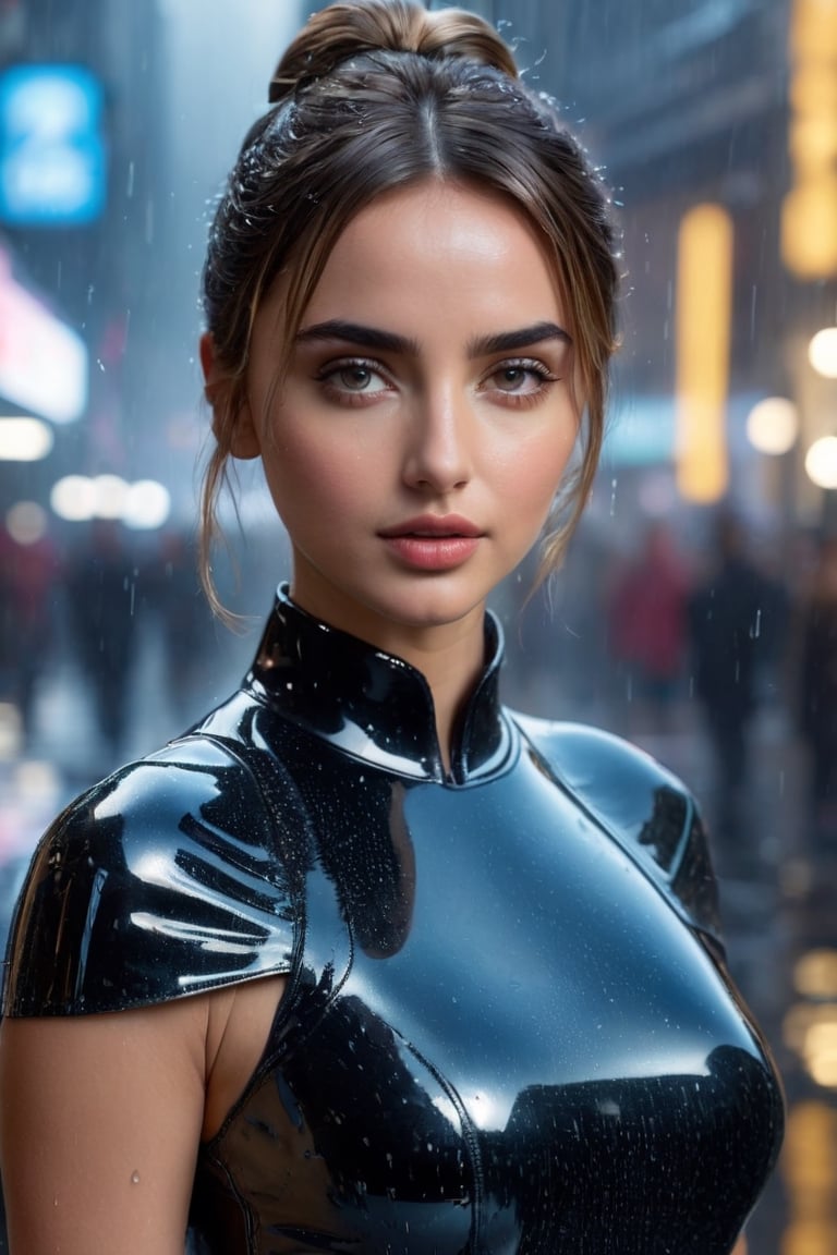 (((High resolution))), (((Excellent quality))), ((Detailed)), (Creates an image of Joi), (Ana de Armas), beautifully detailed faces, clean faces, hair in a bun, metallic glass, black satin dress, body up, stop, (in the center of the scene looking at the camera), (hologram glass scene with rain), (The image is captured using a Sony Alpha a9 II camera), DSLR, UDH, 8k, Blabe Runner 2049 scene, Cinema Premiere