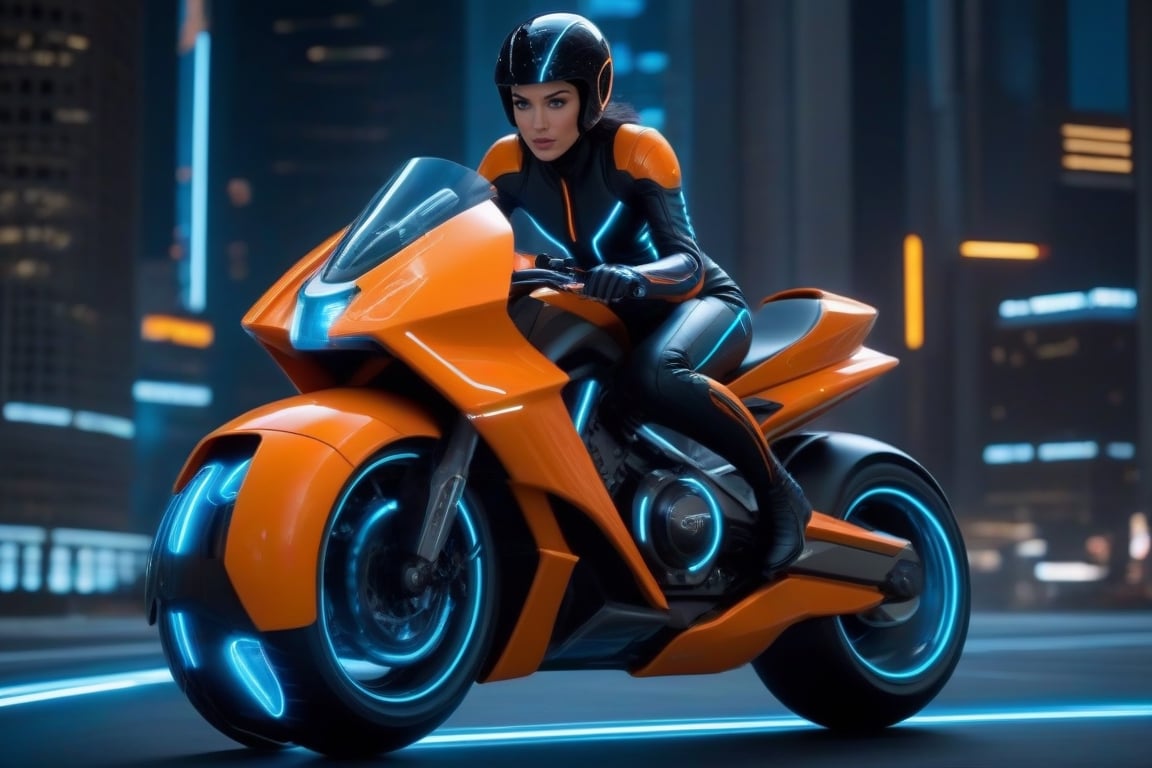 Cinematographic archive image from the Tron Legacy movie, Quorra driving her futuristic motorcycle with style from the Tron Legacy movie, (Quorra with light blue, perfectly defined eyes: 1.4), Quorra's penetrating and challenging look, her hair is short and straight black, His skin is soft and pale, with a natural and realistic texture, the whole body in a dynamic and confident posture, leaning forward and firmly gripping the handlebars of the motorcycle. Her neon orange suit is impressive, the futuristic motorcyclist has neon orange details that glow in the dark. . Futuristic motorcycle with bright neon orange armor with aerodynamic and futuristic design with Tron Legacy style with elegant lines and neon orange and black colors that combine perfectly with Quorra's outfit. Quorra's armor has technological details such as LED lights, holographic panels and an energy engine that glows in an intense blue color. Speed: The motorcycle moves at high speed, leaving a trail of orange neon light in its wake. Surrounding: Lighting: Night lighting of a futuristic city, with neon lights illuminating the vibrant atmosphere of the film. Technical details: Camera: Sony A7R IV, captures the image with exceptional cinematographic quality. Cinematography: Cinematographic photography, with careful composition and lighting to create an exciting and dynamic atmosphere. Style: Hyperrealistic, with an extreme level of detail that simulates reality in an impressive way. Attractive: Shocking and action-packed image, reflecting Quorra's audacity and rebellion. Focus: Sharp focus on Quorra and the futuristic motorcycle, maintaining sharpness throughout the frame. Lighting: Natural lighting with subsurface dispersion, which provides realism and depth to the image. Aperture: f/2 aperture for a soft, blurry bokeh background, highlighting Quorra and the bike. Focal length: 35mm focal length, ideal for capturing action and perspective of the environment. Film Grain: Subtle film grain that adds a retro cinematic feel to the image. Quality: High quality image and great detail, with a resolution of 8k to guarantee exceptional sharpness. Quorra should be a mix of focus, determination and satisfaction at speed. Position: Quorra's pose must be firm and safe, conveying a feeling of control and mastery of the Motorcycle.