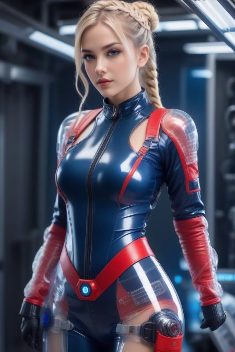 Blonde hair braided and tied back in a bun, forbidden beauty, cute 26 year old girl with her hands behind her back, (shown standing and looking straight ahead: 1.4), cyborg girl, LED mechanics, motherboard, ultra-detailed translucent plastic suit mixed with red and navy blue leather, (the beautiful suit reveals her beautiful legs and waist: 1.3), she wears gloves on her translucent plastic hands, futuristic.