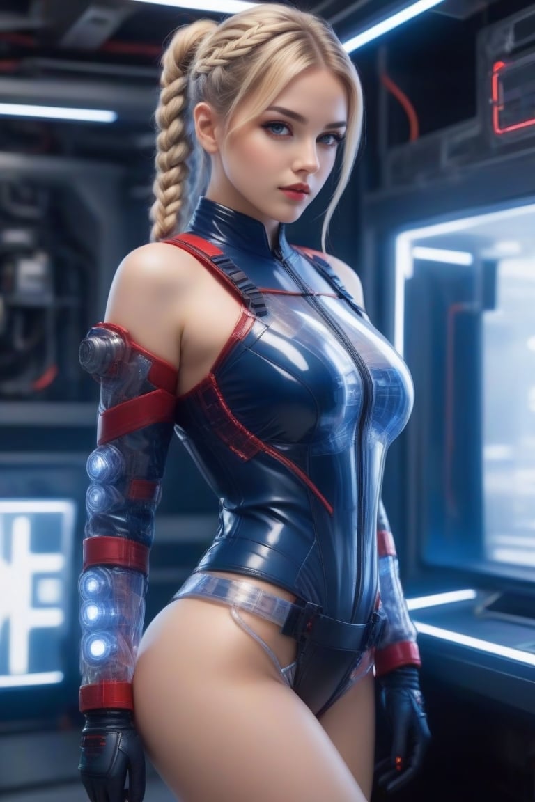 Blonde hair braided and tied back in a bun, forbidden beauty, cute 26 year old girl with her hands behind her back, (shown standing and looking straight ahead: 1.4), cyborg girl, LED mechanics, motherboard, ultra-detailed translucent plastic suit mixed with red and navy blue leather, (the beautiful suit reveals her beautiful legs and waist: 1.3), she wears gloves on her translucent plastic hands, futuristic.