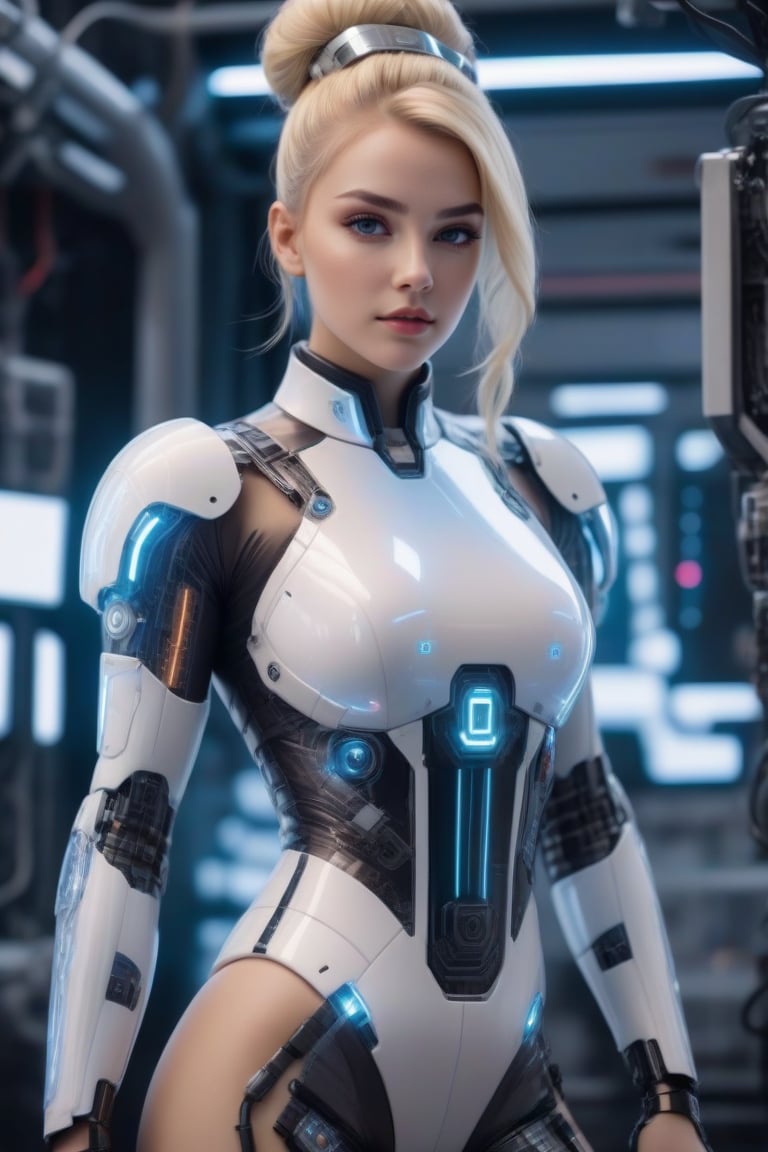 Blonde hair tied in a bun, forbidden beauty, cyborg girl, led mechanics, motherboard, translucent plastic suit, futuristic. 8k.