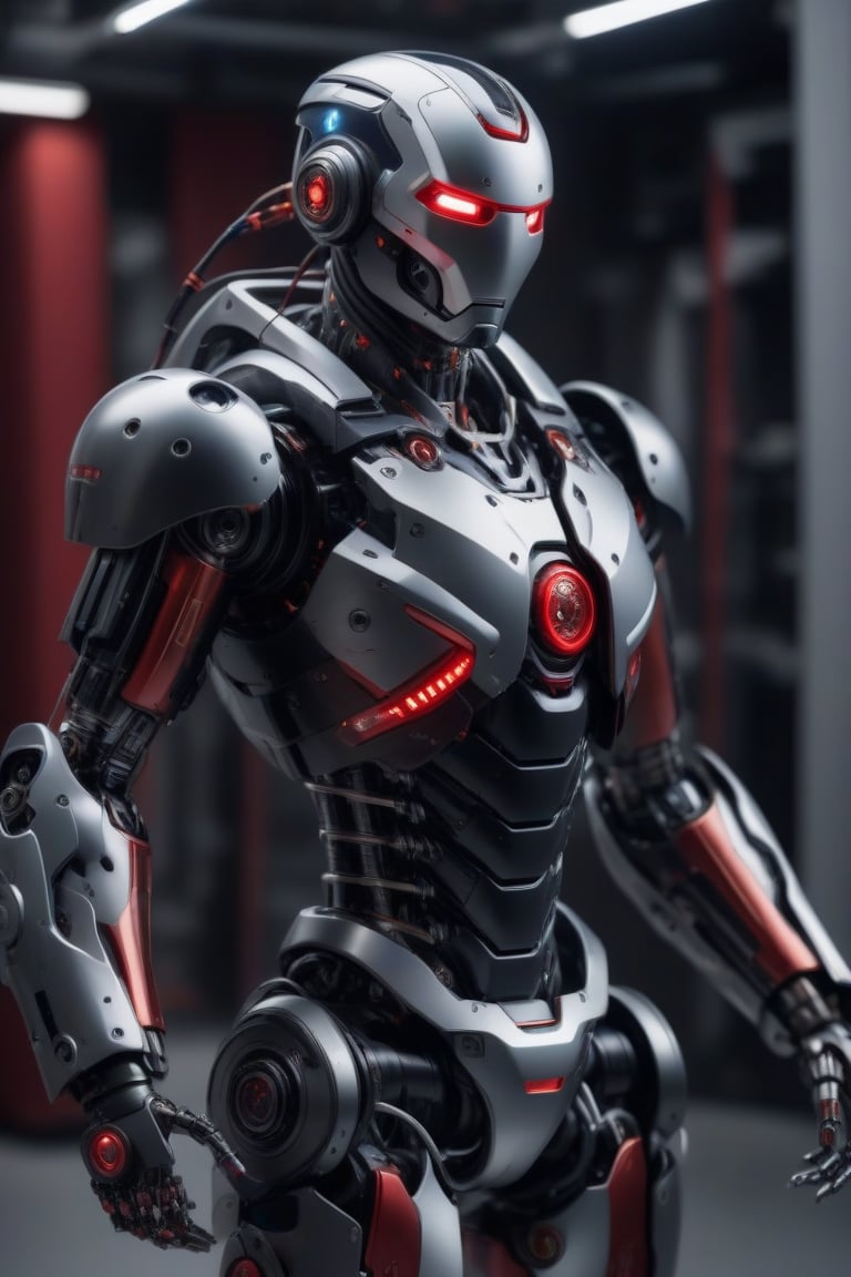 (Model Flux: 1.4), Ultra realistic full body image, A highly detailed and intricate full-body robotic cyborg figure, (Cyborg: 1.4), predominantly black in color, shows a complex design with numerous components, wires, and mechanical parts. The robot appears to be made from a combination of metal and plastic, with red accents. The background is blurred, emphasizing the robot as the main subject., with a high level of quality and depth showing detailed texture and vibrant colors, artistic concept art with fine, chaotic brush strokes, cyborg Canon EOS R3, Nikon, f/1.4, ISO 200, 1/160 sec, 8K, RAW, unedited, symmetrical balance, in frame, 8K",,  