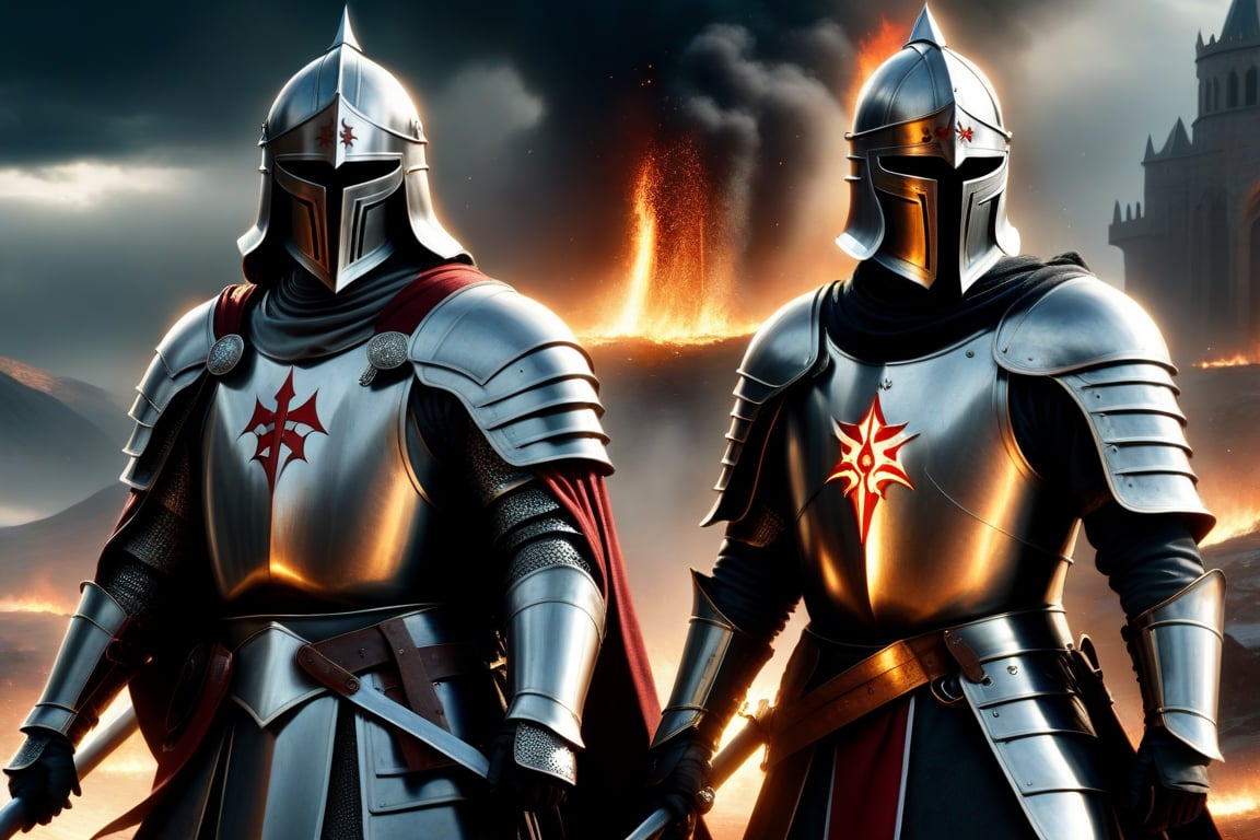 (Two full-length Templar knight: 1.4), with gloves on hands: 1.4), (Realistic human equal: 1.4), low angle bathed in dramatic stormy light, enchanted armor gleaming, reigning victorious amidst the chaos of the battlefield, magic weapons flashing, fallen adversaries scattered, dark sky with impending storm, intense and heroic atmosphere. "Epic", "orchestral", "cinematic", "heroic", and "thrilling" 3D animation, inspired by Two Steps from Hell. (In the background, flashes of fire: 1.4)