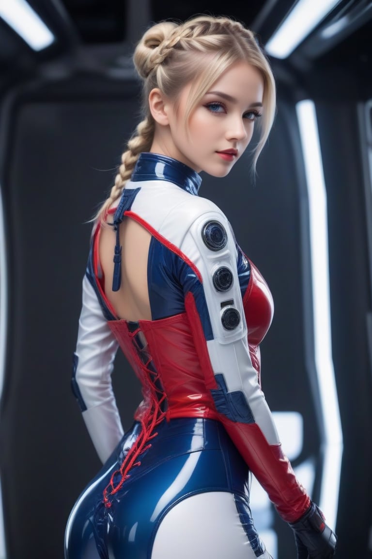 Blonde hair braided and tied back in a bun, forbidden beauty, cute 25 year old girl with her hands behind her back, (shown standing and looking straight ahead: 1.4), cyborg girl, LED mechanics, motherboard, ultra-detailed translucent plastic suit mixed with red and navy blue leather, (the beautiful suit reveals her beautiful legs and waist: 1.3), she wears gloves on her translucent plastic hands, futuristic.