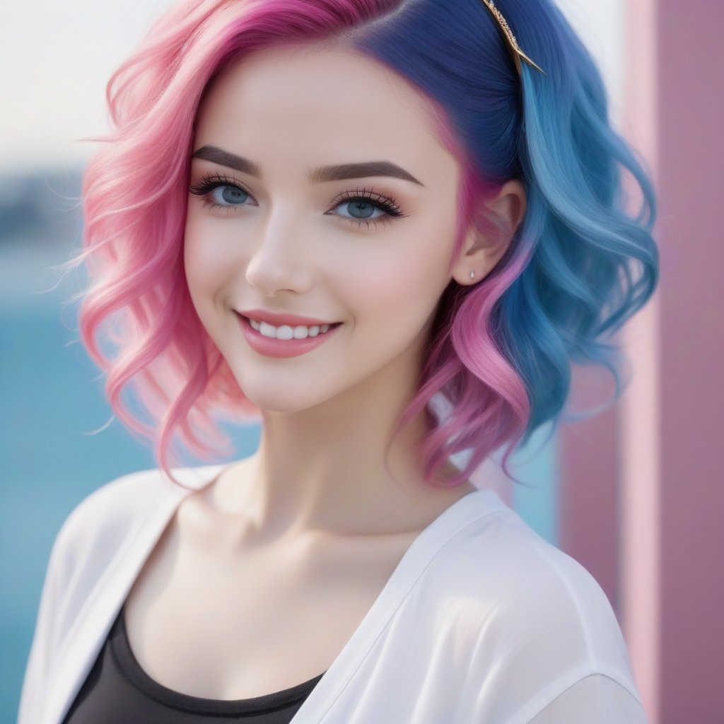 (Half-length image of a teenage girl: 1.4), (with bright pink and blue hair: 1.4), (pink, blue bright hair: 1.4), stunning fantasy 3D rendering, toothy smile, (blue eyes: 1.4) , (pale white skin: 1.4), upper body, (1 teen girl: 1.4), (beautiful blue eyes: 1.4), two-tone glamorous hairstyle, forbidden beauty, hyperreal, flutter cute aesthetic, detailed human, hair curly, exceptionally beautiful, dating app icon, high quality and high detail, Hyperrealistic, sharp focus, natural lighting with subsurface dispersion. f/2 aperture, 35mm focal length, film grain. High quality image and great detail, 8k resolution.