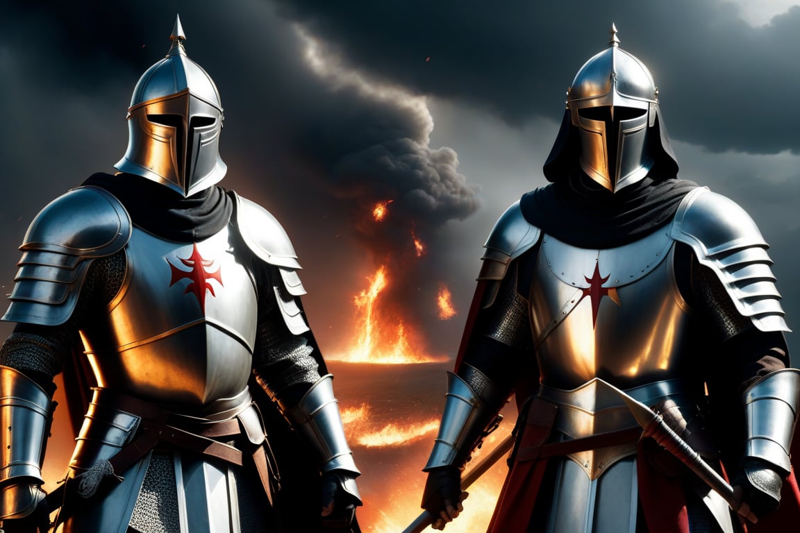 (Two full-length Templar knight: 1.4), with gloves on hands: 1.4), (Realistic human equal: 1.4), low angle bathed in dramatic stormy light, enchanted armor gleaming, reigning victorious amidst the chaos of the battlefield, magic weapons flashing, fallen adversaries scattered, dark sky with impending storm, intense and heroic atmosphere. "Epic", "orchestral", "cinematic", "heroic", and "thrilling" 3D animation, inspired by Two Steps from Hell. (In the background, flashes of fire: 1.4)