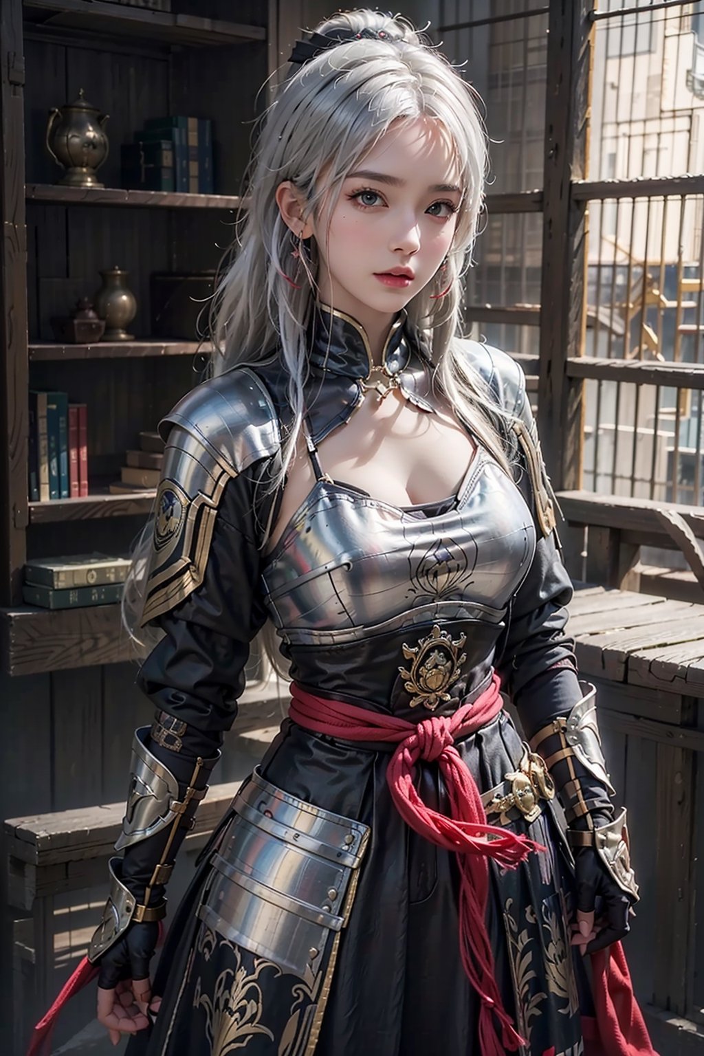 photorealistic, high resolution, soft light,1women, solo, full_body, shining skin, jewelry,kamisato_ayaka, arm guards, armored dress, breastplate, japanese armor, hand fan, fingerless gloves