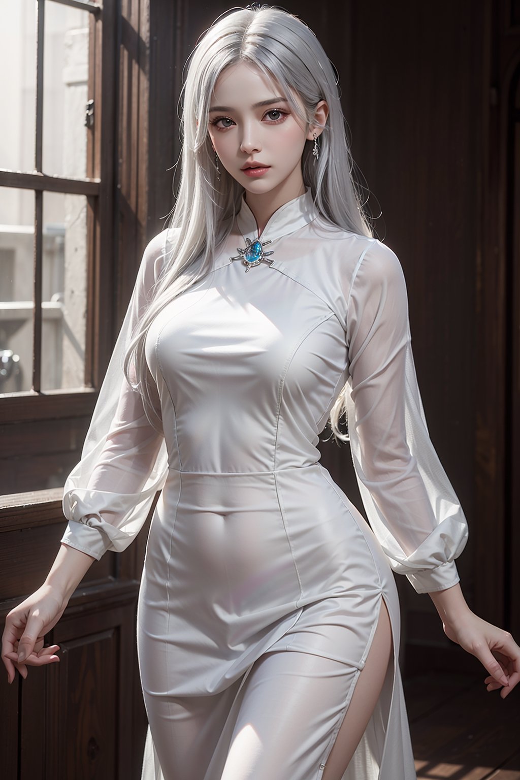 photorealistic, high resolution, soft light,1women, solo, hips up, shining skin, jewelry, silver hair, aodai