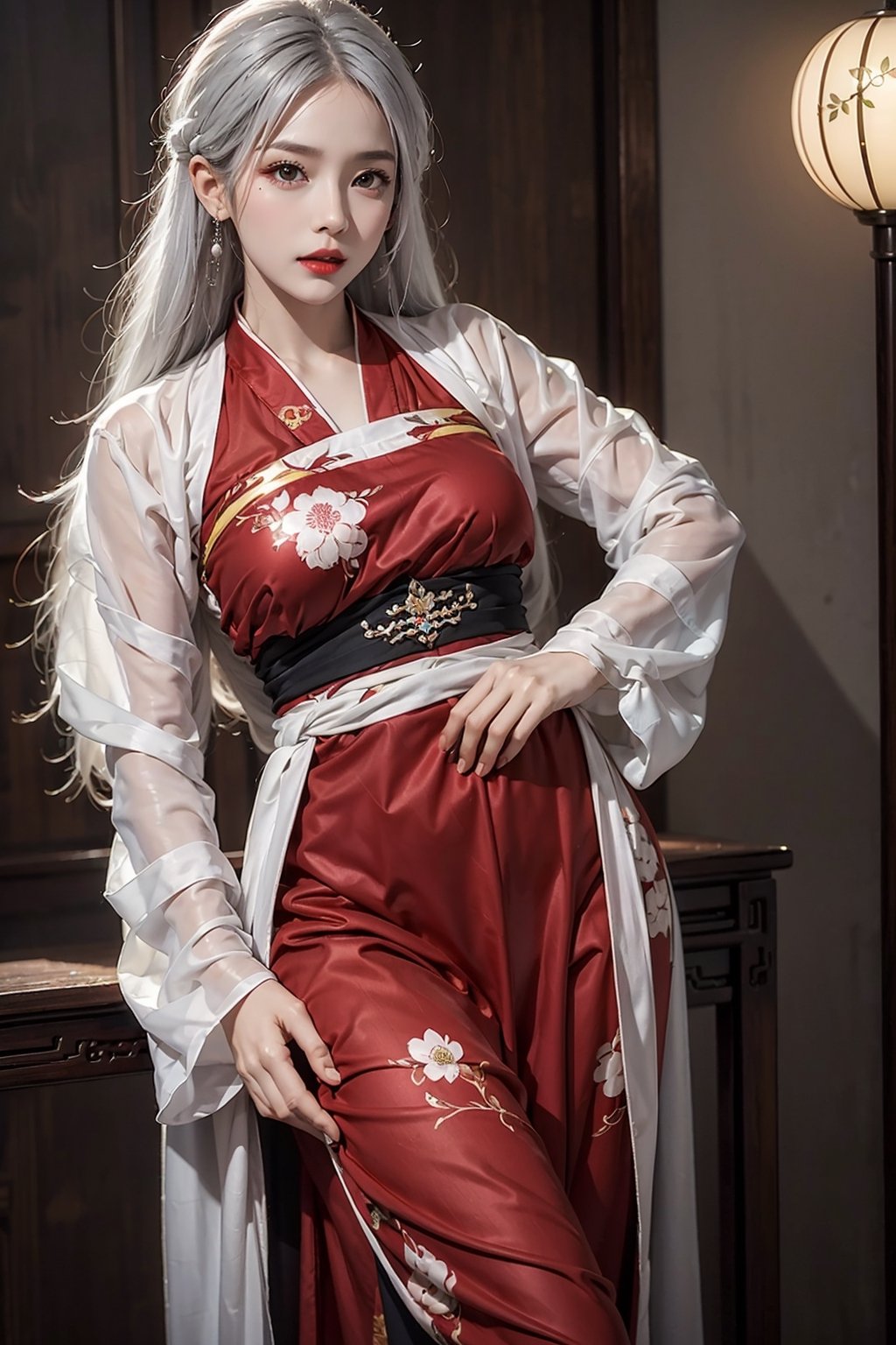 photorealistic, high resolution, soft light,1women, solo, hips up, fair skin, jewelry, silver hair, red hanfu,girl, red lips,woman,hanfu,chinese clothe,floral print