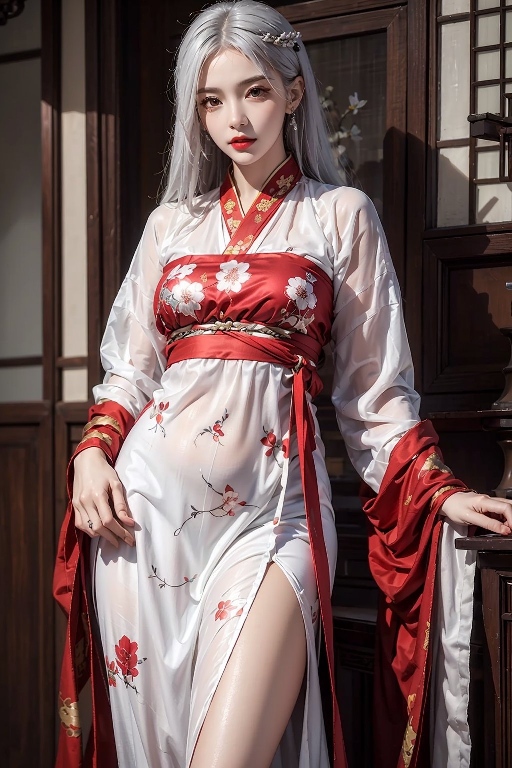 photorealistic, high resolution, soft light,1women, solo, hips up, fair skin, jewelry, silver hair, red hanfu,girl, red lips,woman,hanfu,chinese clothe,floral print,print long sleeves,print see-through dress