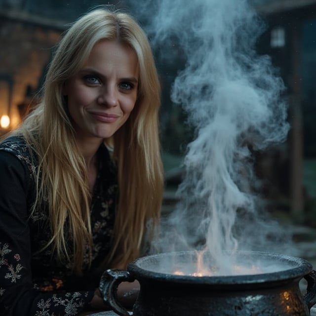 A close-up shot of a slender, blonde woman smiling with blue eyes, depicted as a powerful dark mage. She is performing a love-binding spell over a magical cauldron. Her expression is focused and intense as she channels dark energy into the spell. From the cauldron, a mystical cloud rises, forming the shape of a couple kissing, symbolizing the love spell taking effect. The mage is dressed in dark, elegant robes, with intricate, glowing patterns that reflect her mastery of dark magic. The cauldron is detailed with ancient runes and emits a soft, ominous glow. The background is dimly lit, keeping the focus on the mage, the cauldron, and the cloud shaped like a kissing couple. The image should be rendered in ultra-high resolution (8K or higher) with exceptional detail, capturing the texture of the mage's skin, the glow of the magical elements, and the delicate features of the cloud couple. Use realistic lighting to enhance the atmosphere, ensuring no blurring, pixelation, or artifacts.