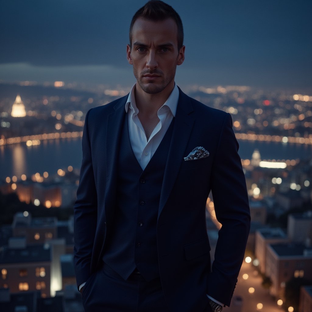 A striking, hyper-realistic portrait of [your name], captured from the waist up, exuding confidence, strength, and sophistication. The subject is dressed in a sharp, fitted navy blue suit with a subtle sheen, highlighting a well-toned physique. The background is an elegant, high-end rooftop terrace at twilight, overlooking a sprawling cityscape with shimmering lights and a deep, star-filled sky. The lighting is soft and dramatic, casting a refined glow that accentuates the subject’s facial features and physique. Shot with an 85mm lens at f/1.4, the subject’s eyes are in crisp focus, with the cityscape slightly blurred to emphasize the subject.

A subtle, sophisticated aura gently encircles the subject, reflecting the city lights and adding an air of refinement. Faint, shimmering geometric patterns are subtly integrated into the city lights, suggesting a blend of modernity and hidden complexity. The overall image should convey elegance, strength, and a touch of urban mystique, combining a polished appearance with a hint of enigmatic allure.