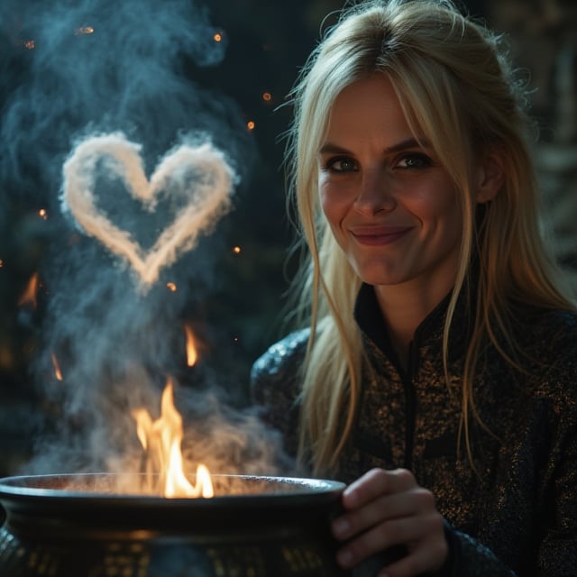 A close-up shot of a slender, blonde woman smiling with blue eyes, depicted as a powerful dark mage. She is performing a love-binding spell over a magical cauldron. Her expression is focused and intense as she channels dark energy into the spell. From the cauldron, a mystical cloud rises, forming the shape of a couple kissing, symbolizing the love spell taking effect. The mage is dressed in dark, elegant robes, with intricate, glowing patterns that reflect her mastery of dark magic. The cauldron is detailed with ancient runes and emits a soft, ominous glow. The background is dimly lit, keeping the focus on the mage, the cauldron, and the cloud shaped like a kissing couple. The image should be rendered in ultra-high resolution (8K or higher) with exceptional detail, capturing the texture of the mage's skin, the glow of the magical elements, and the delicate features of the cloud couple. Use realistic lighting to enhance the atmosphere, ensuring no blurring, pixelation, or artifacts.