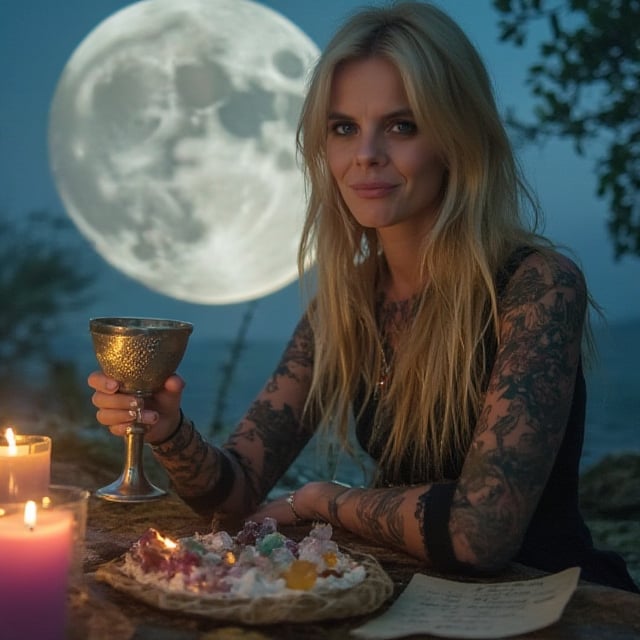 A close-up, sharply focused portrait of a slender, beautiful blonde woman with striking blue eyes and soft smiling, depicted as a powerful mage performing a Full Moon spell to enhance love, prosperity, and the manifestation of desires. Her blue eyes are exceptionally vivid and clear, glowing with the energy of the moonlight.Luna llena: The Full Moon is prominently featured in the background, occupying a significant portion of the sky, its surface glowing with intricate details of craters and lunar textures. The moonlight cascades down, enveloping the mage in a soft, silvery glow, enhancing the mystical atmosphere.Ritual Elements:Moonlight Chalice: In one hand, she holds a silver chalice filled with moonlit water, shimmering with magical energy. The water reflects the Full Moon, intensifying the ritual's power.Candles: Surrounding her are candles in shades of pink, gold, and white, representing love, prosperity, and purity. These candles are lit and burning brightly, their flames flickering in sync with the moon's energy.Crystal Grid: At her feet lies a carefully arranged crystal grid, with rose quartz for love, citrine for prosperity, and clear quartz for manifesting desires. The crystals glow softly, reflecting the light of the moon and the magical energy of the ritual.Written Intentions: Small pieces of parchment with handwritten intentions are placed within the crystal grid, each representing a wish she intends to manifest under the Full Moon's power.Lunar Aura: The mage is surrounded by a lunar aura—a glowing, silver-blue light that pulses with the rhythm of the moon, amplifying the potency of her spell. This aura is infused with symbols of the moon and stars, swirling around her in a protective, energizing halo.The Full Moon is central to the composition, its light reflecting in the mage's vivid blue eyes and enhancing every aspect of the ritual. The mage stands in a majestic pose, her eyes locked onto the Moon as if drawing down its power directly into her spell.The background is softly blurred, keeping the focus on the mage, the Full Moon, and the powerful ritual elements. The image should be rendered in ultra-high resolution (8K or higher) with exceptional detail, capturing the moon’s surface, the clarity of her eyes, and the shimmering light of the ritual. Use realistic lighting to emphasize the connection between the mage and the Full Moon, ensuring no blurring, pixelation, or artifacts.