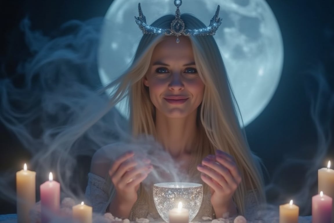 A close-up, sharply focused portrait of a slender, beautiful blonde woman with striking blue eyes and smiling, depicted as a powerful mage performing a Full Moon spell to enhance love, prosperity, and the manifestation of desires. Her blue eyes are exceptionally vivid and clear, glowing with the energy of the moonlight.Luna llena: The Full Moon is prominently featured in the background, occupying a significant portion of the sky, its surface glowing with intricate details of craters and lunar textures. The moonlight cascades down, enveloping the mage in a soft, silvery glow, enhancing the mystical atmosphere.Ritual Elements:Moonlight Chalice: In one hand, she holds a silver chalice filled with moonlit water, shimmering with magical energy. The water reflects the Full Moon, intensifying the ritual's power.Candles: Surrounding her are candles in shades of pink, gold, and white, representing love, prosperity, and purity. These candles are lit and burning brightly, their flames flickering in sync with the moon's energy.Crystal Grid: At her feet lies a carefully arranged crystal grid, with rose quartz for love, citrine for prosperity, and clear quartz for manifesting desires. The crystals glow softly, reflecting the light of the moon and the magical energy of the ritual.Written Intentions: Small pieces of parchment with handwritten intentions are placed within the crystal grid, each representing a wish she intends to manifest under the Full Moon's power.Lunar Aura: The mage is surrounded by a lunar aura—a glowing, silver-blue light that pulses with the rhythm of the moon, amplifying the potency of her spell. This aura is infused with symbols of the moon and stars, swirling around her in a protective, energizing halo.The Full Moon is central to the composition, its light reflecting in the mage's vivid blue eyes and enhancing every aspect of the ritual. The mage stands in a majestic pose, her eyes locked onto the Moon as if drawing down its power directly into her spell.The background is softly blurred, keeping the focus on the mage, the Full Moon, and the powerful ritual elements. The image should be rendered in ultra-high resolution (8K or higher) with exceptional detail, capturing the moon’s surface, the clarity of her eyes, and the shimmering light of the ritual. Use realistic lighting to emphasize the connection between the mage and the Full Moon, ensuring no blurring, pixelation, or artifacts.