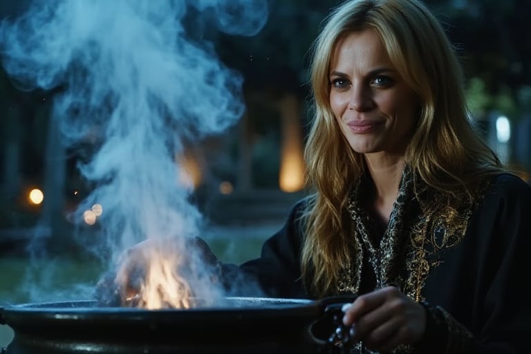 A close-up shot of a slender, blonde woman with blue eyes, soft smile, depicted as a powerful dark mage. She is performing a love-binding spell over a magical cauldron. Her expression is focused and intense as she channels dark energy into the spell. From the cauldron, a mystical cloud rises, forming the shape of a couple kissing, symbolizing the love spell taking effect. The mage is dressed in dark, elegant robes, with intricate, glowing patterns that reflect her mastery of dark magic. The cauldron is detailed with ancient runes and emits a soft, ominous glow. The background is dimly lit, keeping the focus on the mage, the cauldron, and the cloud shaped like a kissing couple. The image should be rendered in ultra-high resolution (8K or higher) with exceptional detail, capturing the texture of the mage's skin, the glow of the magical elements, and the delicate features of the cloud couple. Use realistic lighting to enhance the atmosphere, ensuring no blurring, pixelation, or artifacts.