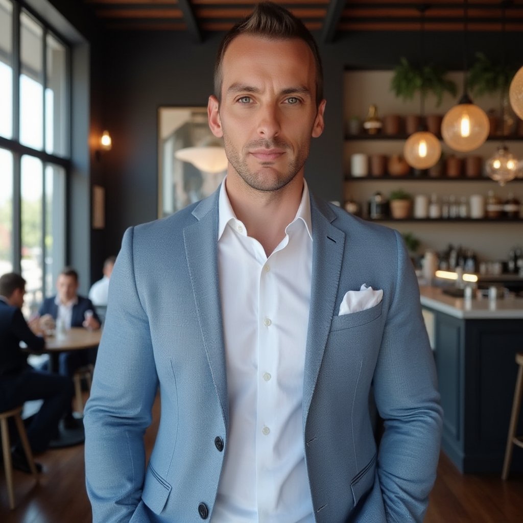 A hyper-realistic, waist-up portrait of Man, showcasing a blend of casual elegance and approachable professionalism. The subject is dressed in a light blue, well-fitted blazer over a crisp white dress shirt, with the blazer’s sleeves slightly rolled up for a relaxed look. His muscular build is subtly highlighted by the tailored fit. The background is a chic, modern café with large windows letting in natural light and a few patrons enjoying their coffee, creating a lively yet sophisticated atmosphere. The lighting is soft and natural, gently illuminating the subject’s features and physique. Shot with an 85mm lens at f/1.4, the subject’s warm, engaging smile is in sharp focus, while the café background is slightly blurred to keep attention on Man.

A subtle, natural glow enhances the scene, complementing the ambient light of the café. The overall image should convey a sense of refined yet approachable elegance, blending stylish attire with a realistic and inviting café setting.