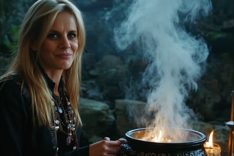 A close-up shot of a slender, blonde woman with blue eyes, soft smile, depicted as a powerful dark mage. She is performing a love-binding spell over a magical cauldron. Her expression is focused and intense as she channels dark energy into the spell. From the cauldron, a mystical cloud rises, forming the shape of a couple kissing, symbolizing the love spell taking effect. The mage is dressed in dark, elegant robes, with intricate, glowing patterns that reflect her mastery of dark magic. The cauldron is detailed with ancient runes and emits a soft, ominous glow. The background is dimly lit, keeping the focus on the mage, the cauldron, and the cloud shaped like a kissing couple. The image should be rendered in ultra-high resolution (8K or higher) with exceptional detail, capturing the texture of the mage's skin, the glow of the magical elements, and the delicate features of the cloud couple. Use realistic lighting to enhance the atmosphere, ensuring no blurring, pixelation, or artifacts.