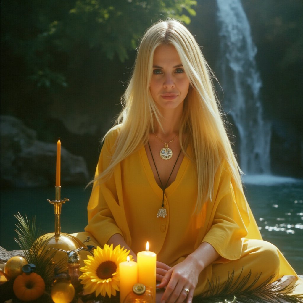 Here is a prompt for a high-quality image:

Close-up portrait of a slender blonde woman, eyes blazing with blue intensity as she performs a ritual to invoke Ochún, goddess of love and fertility. She stands near a cascading waterfall, its glistening waters symbolizing Ochún's pure and nurturing nature. Golden offerings of honey, sunflowers, and ornaments surround her on an altar, illuminated by lit yellow and gold candles that dance in response to the goddess's presence. Peacock feathers and mirrors, symbols of Ochún's power, are scattered around the scene. A golden aura envelops the mage, infused with love, fertility, and divine femininity, representing Ochún's blessings. The lush green environment of the waterfall soft-focus background, while the mage and goddess remain in sharp focus, capturing every detail of their mystical connection.