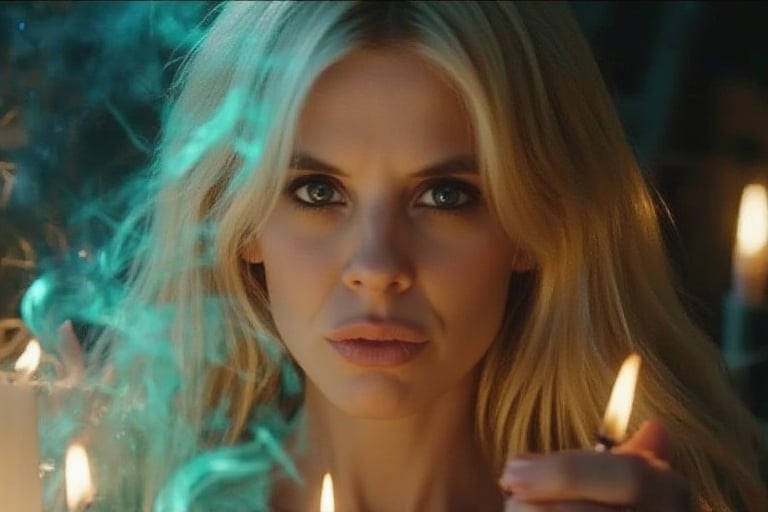 A close-up, sharply focused portrait of a slender, beautiful blonde woman with striking blue eyes, depicted as a powerful sorceress performing a mystical ritual to rekindle the love between a couple. Her blue eyes are exceptionally vivid and clear, reflecting the intense magic and emotion of the ritual. She is surrounded by glowing candles and intricate arcane symbols, with a magical aura enveloping her. The ritual involves elements of air, represented by swirling gusts and delicate, wispy tendrils of transparent, turquoise light. These air elements create ethereal halos of turquoise around the sorceress and form intricate patterns in the air. Her hands are raised, channeling energy into the spell, with soft, shimmering light and swirling mystical symbols emanating from her palms. The background is softly blurred to maintain focus on her and the detailed ritual elements. The image should be rendered in ultra-high resolution (8K or higher) with exceptional detail, capturing the texture of her skin, the clarity of her blue eyes, the warm glow of the candles, and the intricate details of the turquoise halos and air elements. Use realistic lighting to enhance the magical and romantic atmosphere, ensuring no blurring, pixelation, or artifacts.