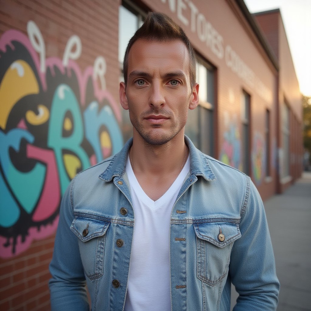 A hyper-realistic, waist-up portrait of Man, projecting modern confidence and a laid-back, fashionable vibe. The subject is dressed in a light blue denim jacket layered over a white V-neck shirt, emphasizing his muscular physique. The background is an outdoor urban scene, with a vibrant street mural on a brick wall, bathed in the soft golden light of late afternoon. The lighting is warm and natural, with subtle highlights on the subject's face and figure. Shot with an 85mm lens at f/1.4, the subject’s friendly smile and relaxed posture are in sharp focus, while the street and mural background are softly blurred to draw attention to Man.

A soft, warm glow enhances the subject, complementing the natural lighting of the street scene. The overall image conveys an easygoing yet stylish energy, combining casual, everyday attire with a realistic, vibrant urban setting.