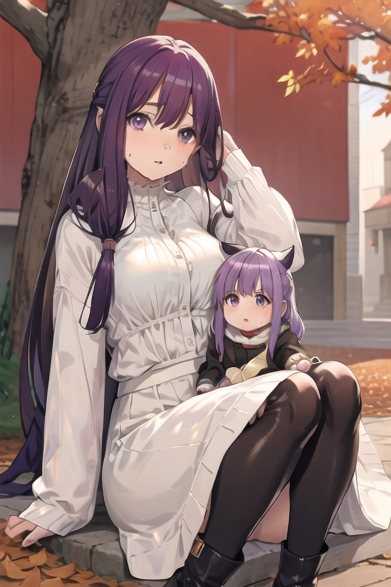 breasts, looking_at_viewer, feet, head_tilt, sweat, petite, girl,woman,female, baby,5 years old, long hair, hime cut, bangs, hair between eyes, sidelocks, purple hair, two-tone hair, flowing hair, cardigan, white_shirt, white_skirt, boots, formal, white Clothes, outdoors, tree, leaves, ascii art, ultra detailed, very fine 8K CG wallpaper,