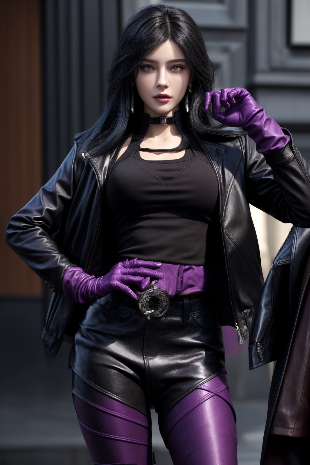 KafkaOutfit,SHIRT,black  jacket,Purple gloves,yelandef,1 girls,female_angent,jacket,black_hair,shiny skin,ultra detailed,perfect face, detailed face,full_body,wraist,detailed_background,fullbody,highquality,street,glasses,leather skirt