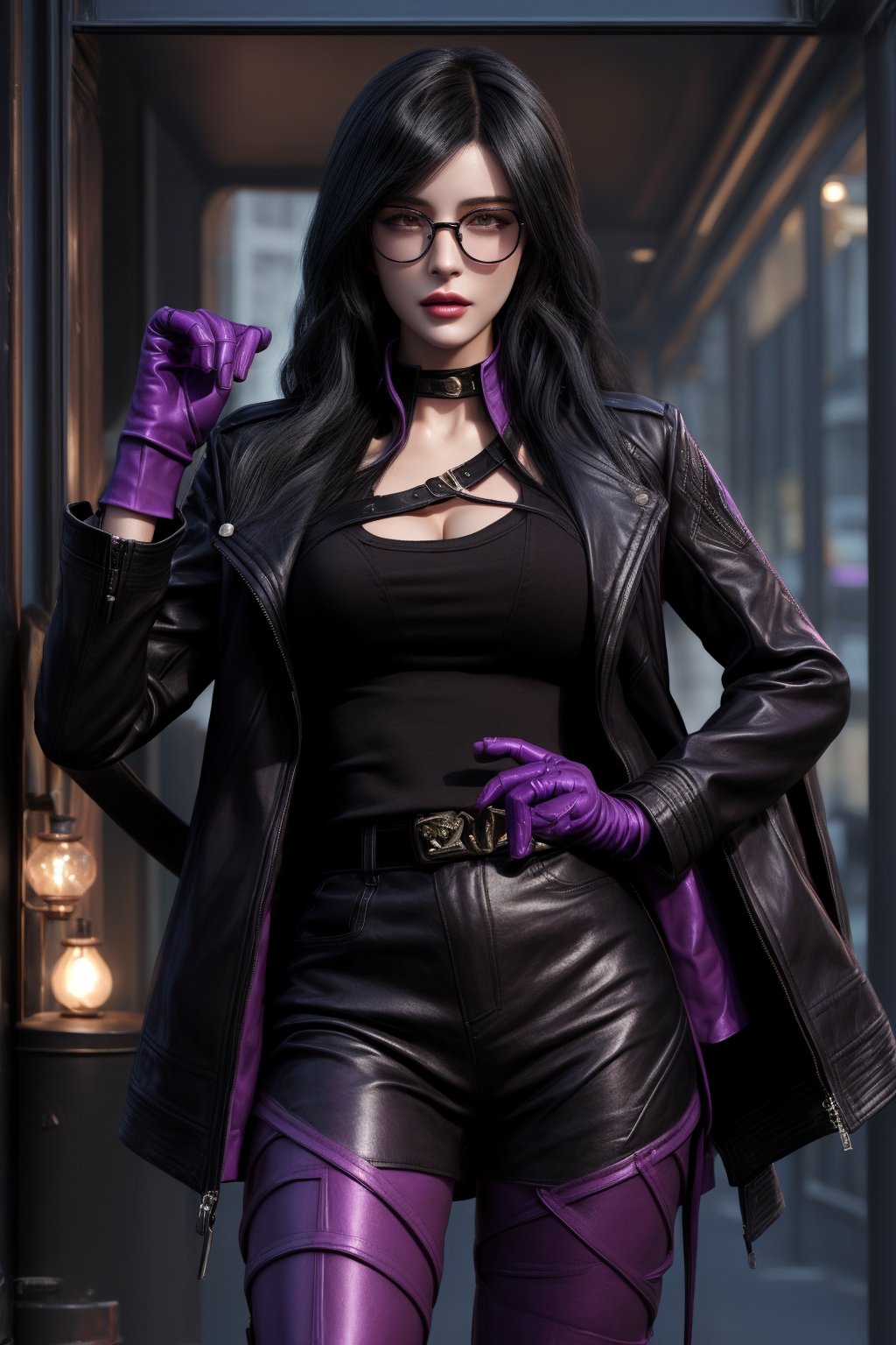 KafkaOutfit,SHIRT,black  jacket,Purple gloves,yelandef,1 girls,female_angent,jacket,black_hair,shiny skin,ultra detailed,perfect face, detailed face,full_body,wraist,detailed_background,fullbody,highquality,street,glasses,leather skirt