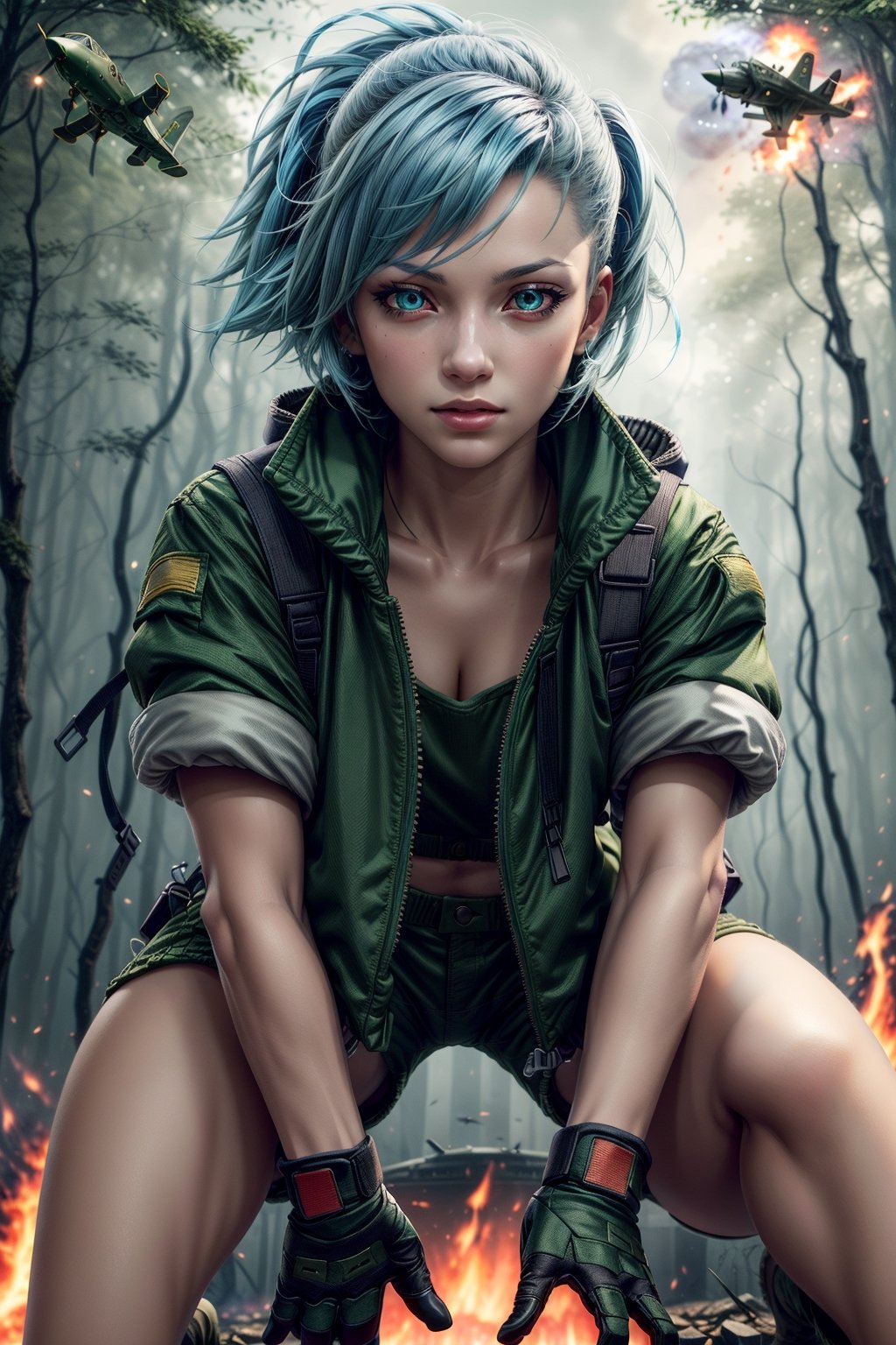 clearire1,female_soldier,gloves,blue_hair,green_short_jacket,green_short,forest,1girl,More Detail,king_of_fighters,,bomber plane,fire,dire,
,More Detail, 1girl,detailed_face,detailed_hair,detailed_eyes,full_body,BOTTOM VIEW