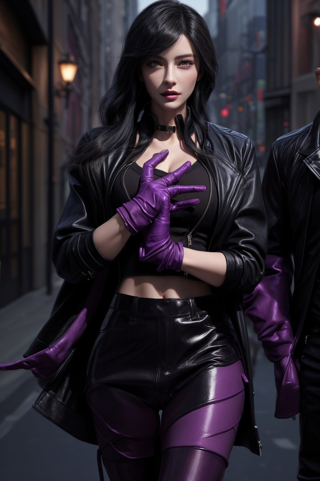 KafkaOutfit,SHIRT,black  jacket,Purple gloves,yelandef,1 girls,female_angent,jacket,black_hair,shiny skin,ultra detailed,perfect face, detailed face,full_body,wraist,detailed_background,fullbody,highquality,street,glasses,leather skirt,night