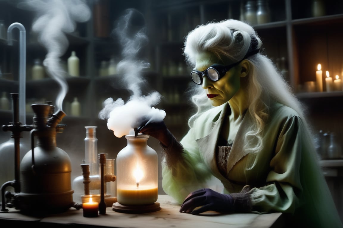 A dimly lit medieval laboratory, shrouded in an eerie haze of smoke and chemical fumes. The beautiful but mad Madame Frankenstein, her wild white locks tangled, dons a stained lab coat, thick rubber gloves, and goggles as she stirs a bubbling concoction at the worn wooden table. Cobwebs cling to rusty equipment, while dust motes dance in the faint light. The air is heavy with the acrid scent of burning chemicals, and the walls seem to press in, oppressive. In this foreboding space, Madame Frankenstein's intense focus on her mysterious experiment is illuminated by the faint glow of candles and the soft hiss of Bunsen burners.