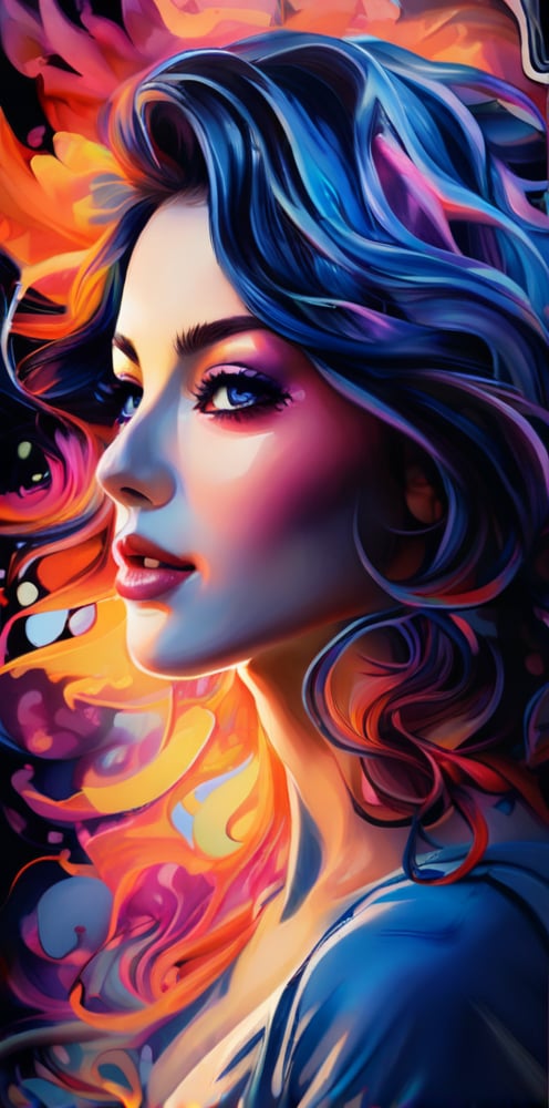 A psychedelic watercolour of a beautiful young woman, her eyes sparkling like a kaleidoscope. Dark blue hair cascades down her skin, framing the curves of her full lips and sensual smile. The Unreal Engine rendering masterfully captures the soft sheen of pastel hues blended with vibrant alcohol ink tones.  Her gaze is hypnotic, drawing us in to her unreal beauty.