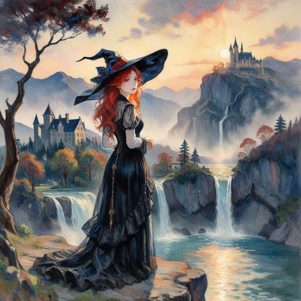 Elegantism, opulent scene, Pierre Auguste Renoir style, Impressionism, gothic (1girl:1.4),  depth of field, extreme detailed, high color contrast, 

A serene, ethereal figure of a young woman in a flowing black dress and black witches hat, her long red hair cascading down her back like a waterfall. Standing on  the edge of cliff, she gazes out over a misty mountainside, the delicate dance of setting sunlight filters through the ancient trees. In the background, mountain water fall, a gothic castle perched on a cliff overlooks a gloomy lake reflecting the vibrant colors of the setting sun. Far away, dark and oppressive storm clouds gather on the horizon