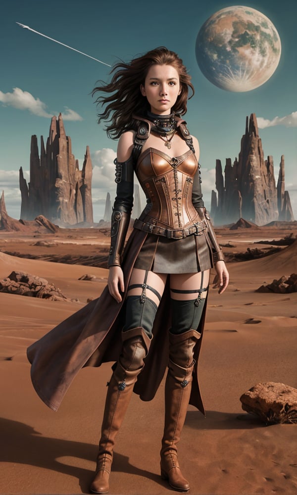 A beautiful female steampunk explorer, standing with her legs apart,  at the edge of an otherworldly alien landscape. She wears a intricately designed leather corset adorned with copper filigree, a short leather skirt and thigh high boots,  her long curly hair blowing in the breeze. The rust-red sand dunes stretch out before her, punctuated by peculiar rock formations and futuristic ruins. Her gaze is fixed on the viewer with a slight smile on her face as she surveys the wondrous alien world.