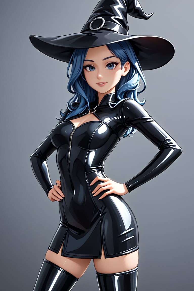 Young woman, dressed as a witch, wearing a short black latex dress split up the side, hat and thigh high boots, grey eyes, blue hair, band_bodysuit