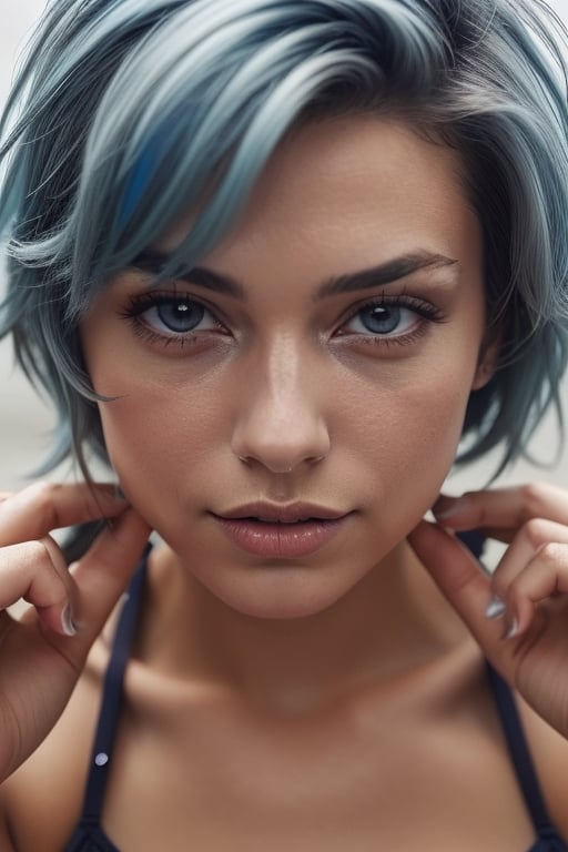 Woman with BLUE HAIR and GREY EYES, small breasts wearing a bikini in the rain