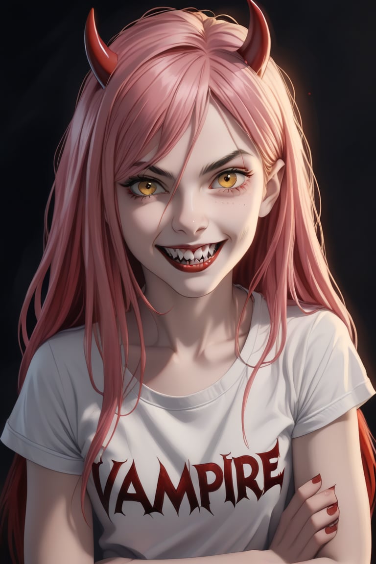 power_v1 a highly detailed realistic portrait of a pretty girl with long pink hair, yellow eyes, small red horns, sharp pointy teeth and vampire fangs, wearing a white t shirt, smiling, arms folded