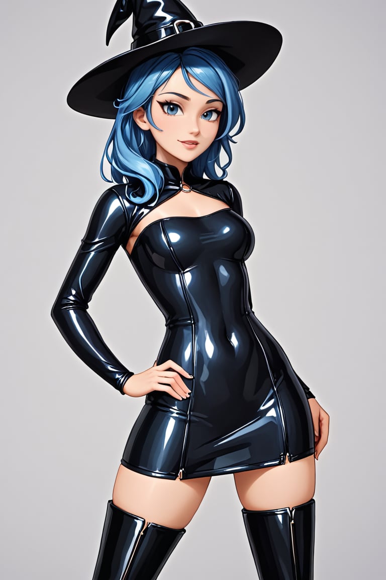 Young woman, dressed as a witch, wearing a short black latex dress split up the side, hat and thigh high boots, grey eyes, blue hair, band_bodysuit