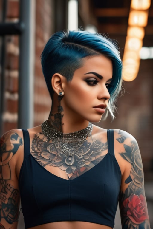 Photorealistic masterpiece of a stunning young Hispanic woman, waist-up pose, showcasing her striking features and bold style. Short punk hair and multiple piercings add an edgy touch to her beauty. A fitted summer dress adorns her petite frame, contrasting with the gritty industrial backdrop featuring metal beams, pipes, and exposed brick walls. The lighting casts a warm glow on her skin, highlighting her intricate tattoos.