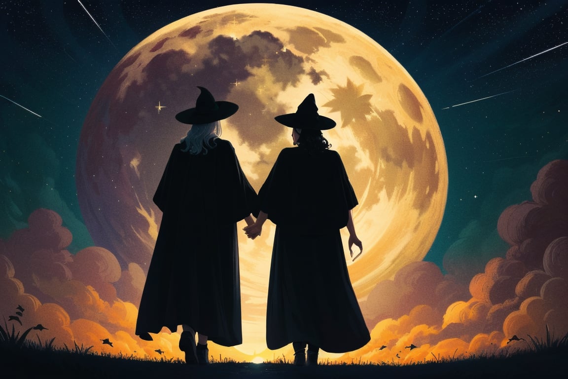 A minimalist design with a vintage touch, featuring two cool, beautiful and stylish female witches, holding hands, wiearing black witches hats and flowing black capes, their full bodies shown in sillouette from behind, camera from the back, awesome and bright colors, long flowing hair, autumnal leaves floating around her body, dynamic pose, hands hidden, walking away from the viewer through rolling green hills towards a beautiful sunset sky with a silvery full moon and vividly coloured stars and nebulae in the sky, ultra-detailed, best quality, absurdres, masterpiece