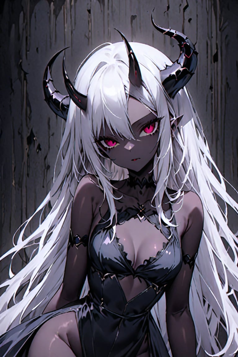 A mysterious white haired femme fatale emerges from the shadows. A demonic  girl with one pair of black horns on her head stands out against a dark smokey background, her porcelain-perfect pale skin glowing like a beacon of seduction. She wears a short figure hugging black dress that shows her beautiful cleavage to perfection. The overall composition is one of dramatic contrast, with the girl's delicate features and pristine attire juxtaposed against the dark, foreboding background.