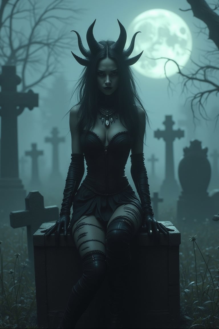 A mystical succubus, with small hands, black horns, clad in leather gloves and 19th-century finery, sits on a large ancient tombstone amidst a mist-shrouded gothic graveyard. Her mischievous grin and punk-inspired flair - ragged lines on velvet-smooth skin, chunky jewelry on delicate features - mingle with grunge's edgy grit. Shadows dance beneath the moonlit crosses, casting an eerie glow upon her dark fantasy-inspired attire. The air is thick with mystery as she presides over this twilight realm, where film noir and dark magic converge.