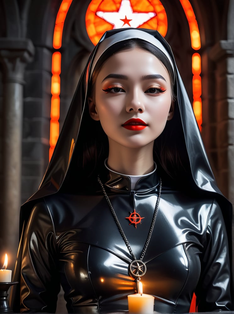 A sexy young female nun, clad in figure hugging latex with a small silver pentagram on a chain around her neck, with long eyelashes and bright red lips, prays at an altar in a dark and gloomy gothic church, looking sideways and smiling seductively at the viewer, moodily  illuminated by an orange glow