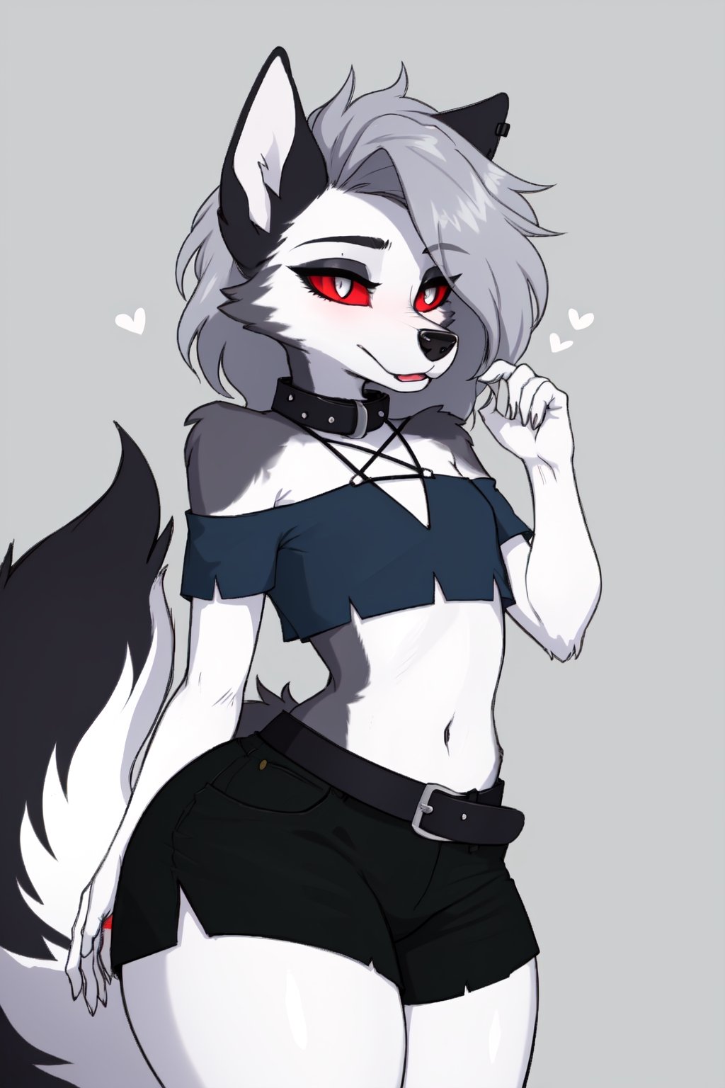 1boy, thicc, thick-thighs, femboy, wolf boy, red_eyes,white body/fur, fur trim, collar, crop top, belt, flat_chest, wavy_hair, big_thigs, wolf tail,loona, short_pants, short_hair, wavy_hair, shy, hellhound, emo